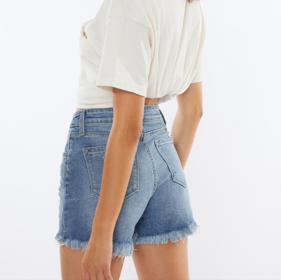 KanCan High Rise Waist Distressed Torn Denim Cut-off Frayed Hem Blue Jean Shorts - Picture 3 of 15